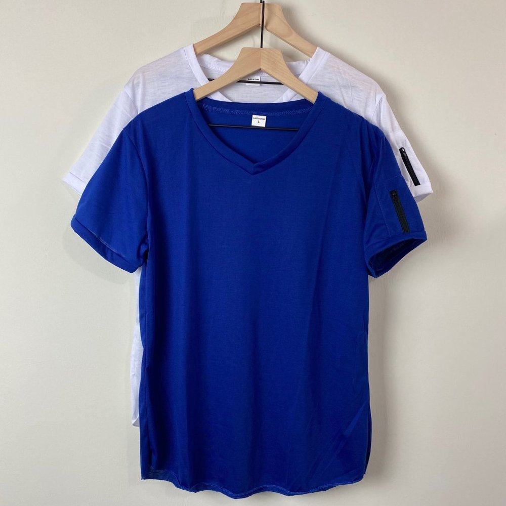 Men's V-Neck Seamless Hem T-Shirts w/ Sleeve Zip